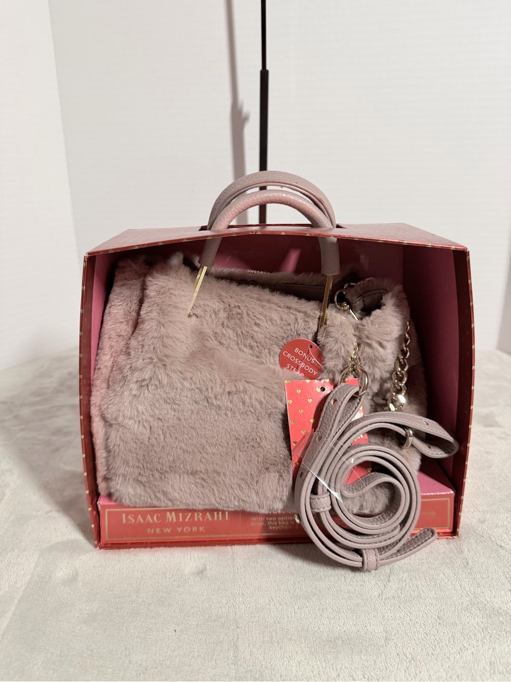 Isaac Mizrahi Plush Faux-Fur Mini Bag in Mauve Pink with Gold Chain